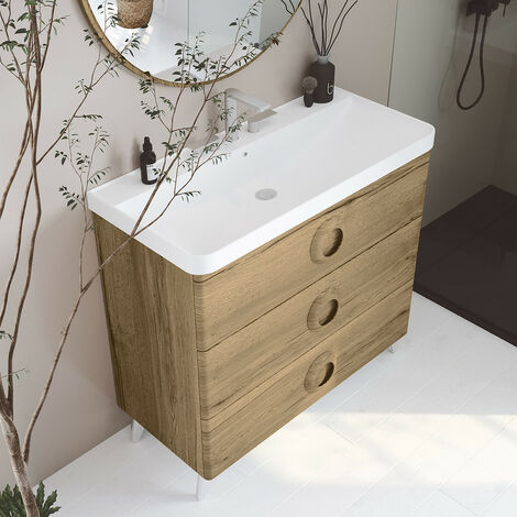 CONJUNTO MUEBLE DE BAÑO SUSPENDIDO MODELO IRUN 100 CM. 2 CAJONES ROBLE ALBA  Y LAVABO COSMOS