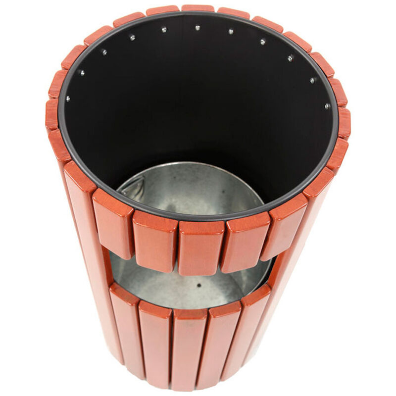 Runder Abfallbehälter aus Metall in Holzoptik für den Außenberreich 33 Liter,  HxØ 75,5x40cm Holzoptik, Abdeckung Schwarz