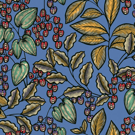 Papier peint rétro bleu pour cuisine Tapisserie fleurie avec feuille pour salon Papier peint intissé multicolore fleuri pour chambre (1/4)