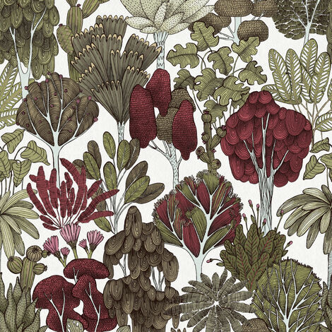 Papier peint arbre rouge & vert idéal cuisine Tapisserie forêt chambre adulte fond blanc Papier peint original intissé pour couloir (1/4)