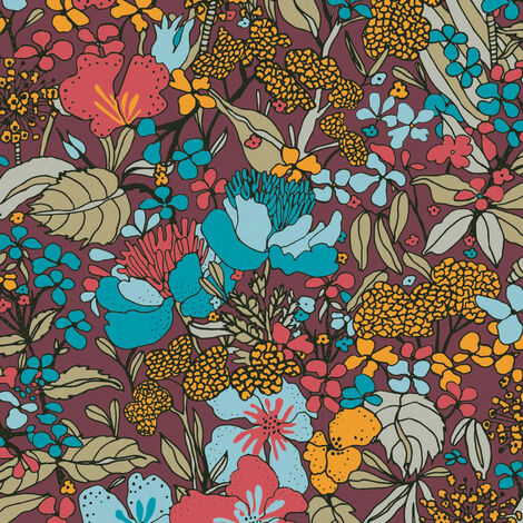 Papier peint fleuri multicolore années 60 Tapisserie marron, jaune et bleu motif fleur Papiers peints couloir motif floral (1/4)