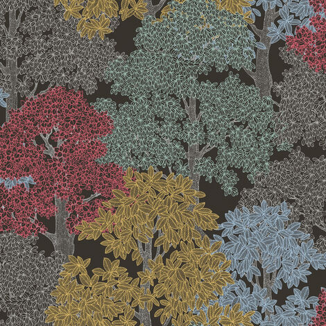 Papier peint arbre multicolore sur fond noir Tapisserie arbre coloré pour chambre adulte Papier peint intissé forêt pour bureau (1/4)
