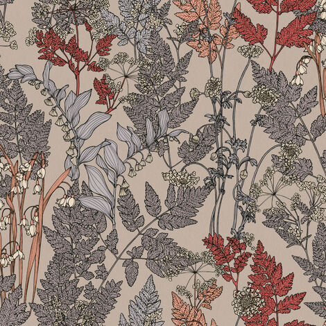 Papier peint fleuri & feuille pour salon Tapisserie fleurie pour chambre adulte Papier peint motif floral gris, beige et rouge (1/4)
