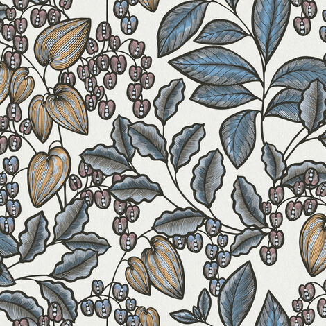 Papier peint gris bleu et blanc pour salon Tapisserie feuille rétro pour cuisine Papier peint fleuri intissé pour chambre adulte (1/4)