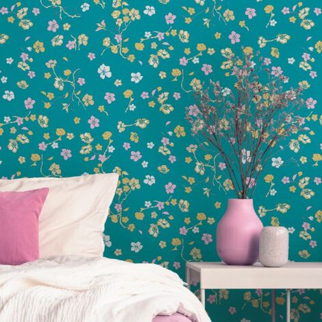 papier peint fleurs turquoise, jaune, rose, vert et blanc - Livingwalls (1/5)