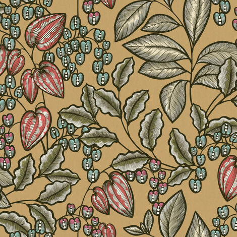 Papier peint salon rétro jaune ocre Tapisserie motif fleur & feuille idéale cuisine Papiers peints intissés plante pour couloir (1/4)