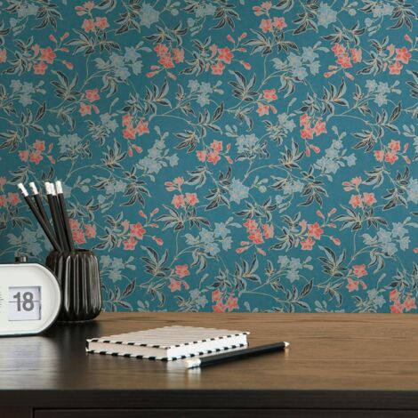 Papier peint rouge et bleu à fleurs Tapisserie floral cottage sur fond bleu Papier peint intissé charme style anglais idéal pour couloir