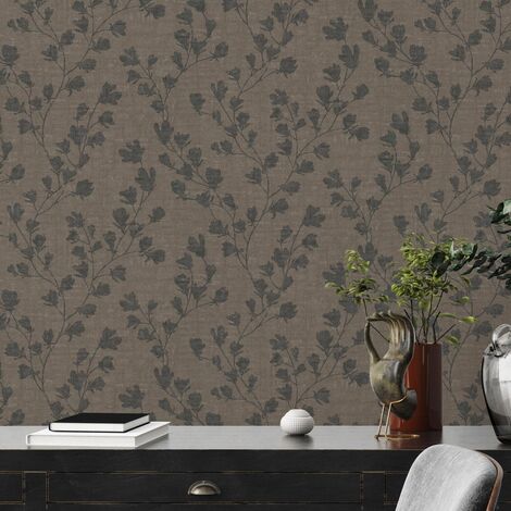 Papier peint floral marron et noir à feuilles Tapisserie nature à motifs de fleurs Papier peint gaufré style botanique idéal pour salon