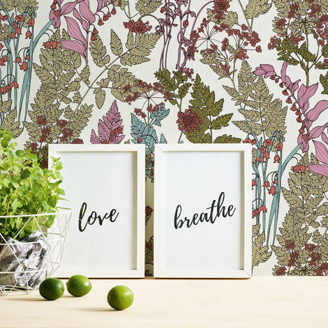Papier peint motif floral multicolore Tapisserie motif fleur pour salon & chambre Papier peint fleuri fond blanc avec feuille