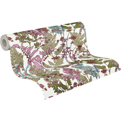 Papier peint motif floral multicolore Tapisserie motif fleur pour salon & chambre Papier peint fleuri fond blanc avec feuille