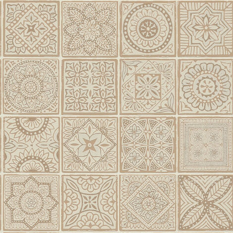 Papier peint à ornement beige et orange Tapisserie aspect carreaux en mosaïque Papier peint style boho idéal pour chambre (1/4)
