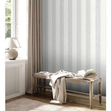Papier peint intissé blanc et gris Tapisserie à rayures verticales Papier peint élégant style classique idéal pour couloir (1/4)