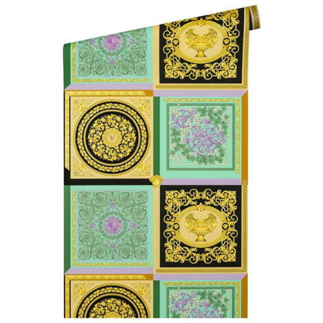 Papier peint baroque vert, noir, doré Tapisserie effet carreaux en mosaïque Papier peint luxe ornements idéal pour couloir (1/4)