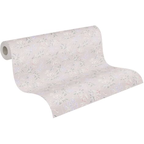 Papier peint à fleurs mauves, grises, roses Tapisserie floral cottage sur fond rose Papier peint intissé charme style anglais idéal salle de bains (1/5)