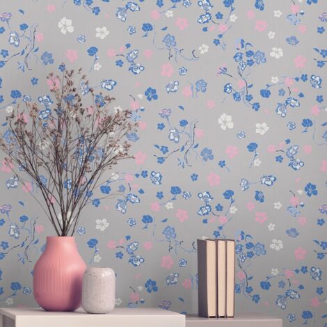 Papier peint floral sur fond gris foncé Tapisserie cottage à fleurs roses et bleues Papier peint style botanique idéal pour bureau