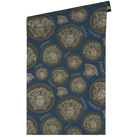 Papier peint Medusa brun sur fond bleu Tapisserie luxe graphique à cercles Papier peint design idéal pour couloir (1/4)