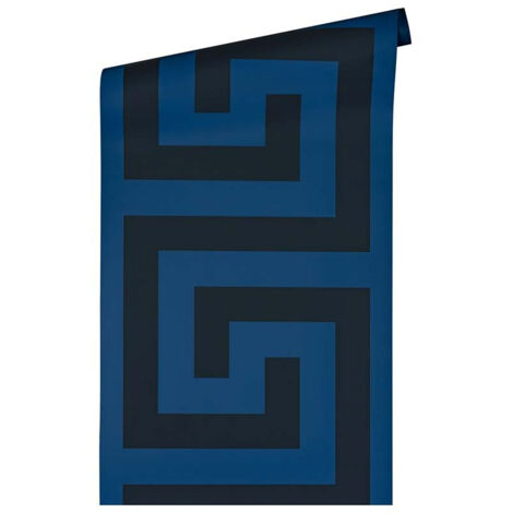 Papier peint géométrique noir et bleu Tapisserie motif clé grecque Papier peint intissé luxe effet brillant idéal pour chambre (1/4)