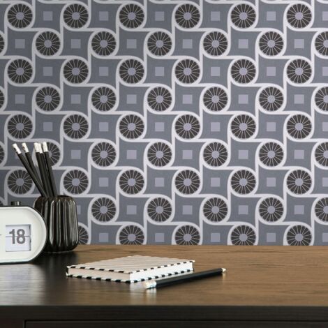 Papier peint graphique nuances de gris Tapisserie vintage à motifs circulaires et carrés Papier peint géométrique style rétro idéal chambre (1/5)