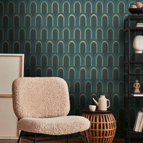 papier peint art déco bleu canard, bleu, or et métallique - Livingwalls (1/5)