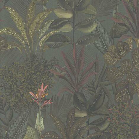 Papier peint nature sur fond vert foncé Tapisserie nuances de verts style tropical jungle Papier peint feuillage plantes pour chambre (1/4)