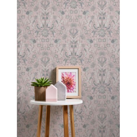 Papier peint floral dense gris et rose Tapisserie fleurie avec oiseaux Papier peint embossé style cottage idéal pour chambre (1/5)