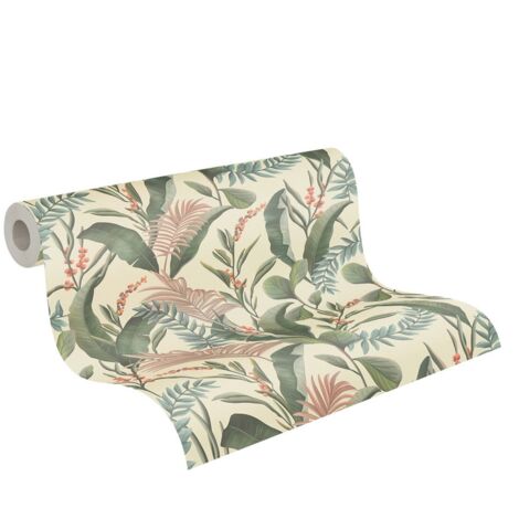 papier peint feuilles tropicales beige crème, vert, beige et rose - Livingwalls (1/5)