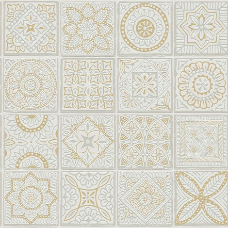 Papier peint à ornement gris clair et jaune Tapisserie aspect carreaux en mosaïque Papier peint style boho idéal couloir (1/4)