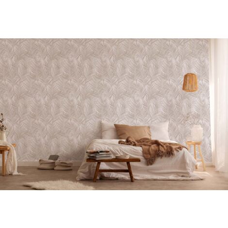 Papier peint feuillage crème sur fond blanc Tapisserie végétale à feuilles de palmier Papier peint style exotique idéal salon