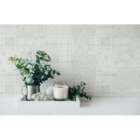 Papier peint champêtre gris argent Tapisserie florale à rayures et carreaux Papier peint charme style cottage idéal pour couloir (1/5)