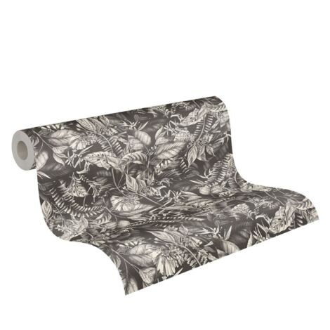 Papier peint nature plantes et fleurs Tapisserie style tropical jungle pour couloir Papier peint intissé noir, blanc gris idéal chambre (1/5)