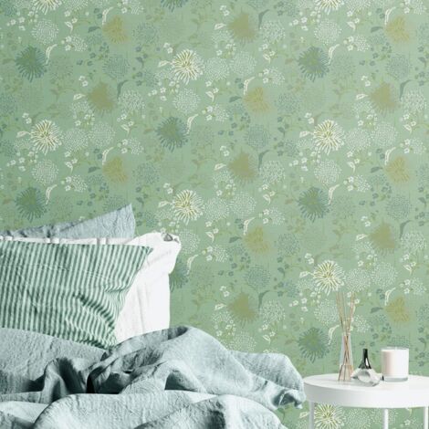 Papier peint floral sur fond vert Tapisserie cottage à fleurs vertes et blanches Papier peint style campagne idéal pour salon