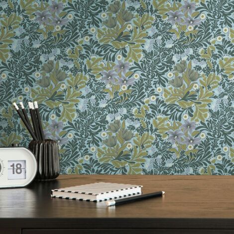 papier peint fleurs vert, bleu et noir - Livingwalls (1/5)