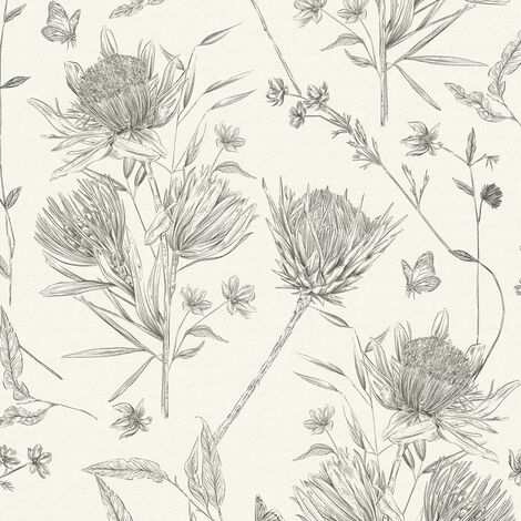 Papier peint intissé sur fond blanc cassé Tapisserie à fleurs noires avec papillons Papier peint nature cottage idéal pour chambre (1/4)