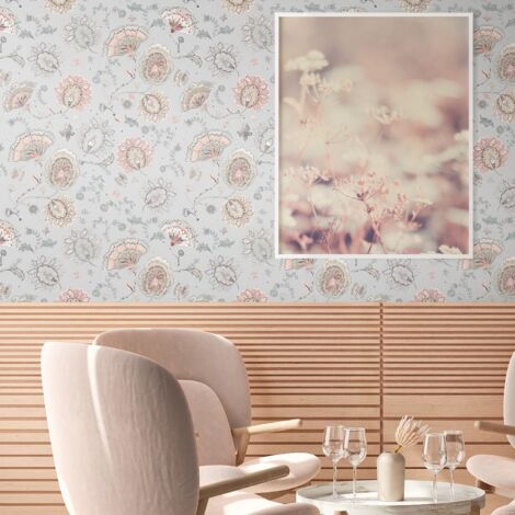 Papier peint floral gaufré sur fond gris Tapisserie à motif de fleurs beiges et roses Papier peint style campagne pour chambre (1/5)