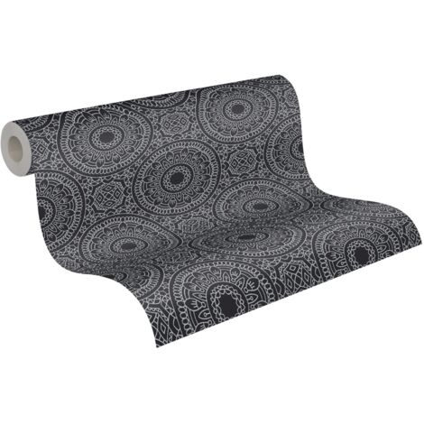 Papier peint géométrique noir et blanc Tapisserie motifs circulaires mandalas Papier peint style boho idéal pour salon (1/5)