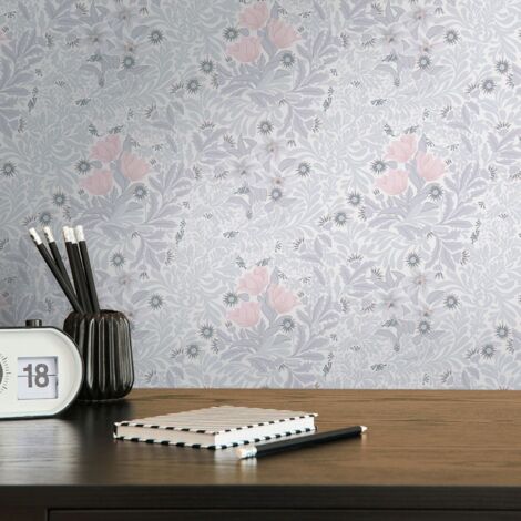 Papier peint floral style baroque Tapisserie argent et rose à fleurs et feuilles Papier peint végétation luxuriante idéal pour couloir (1/5)