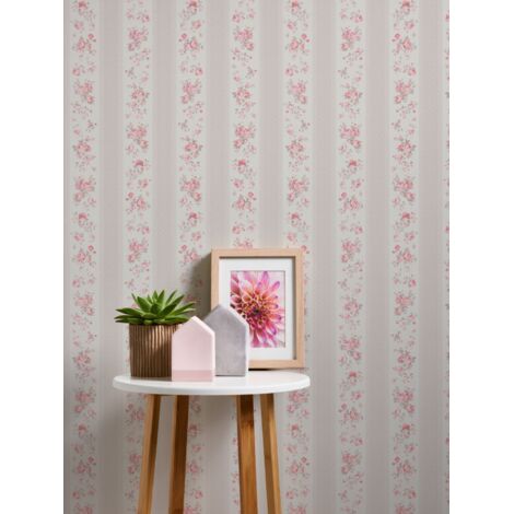 Papier peint intissé romantique style shabby chic avec fleurs beige rose
