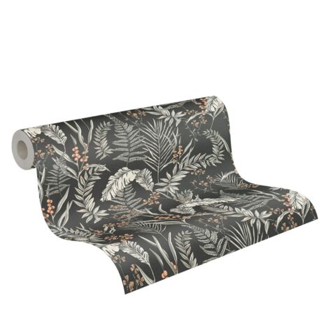 Papier peint nature feuillage sur fond noir Tapisserie à motif floral blanche idéale pour chambre Papier peint à fleurs orange pour couloir (1/5)