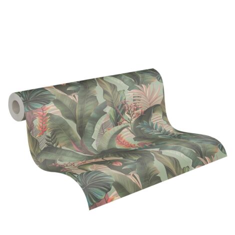 Papier peint nature fond vert clair Tapisserie feuillages plantes roses et rouges Papier peint floral style tropical idéal chambre et salon (1/5)
