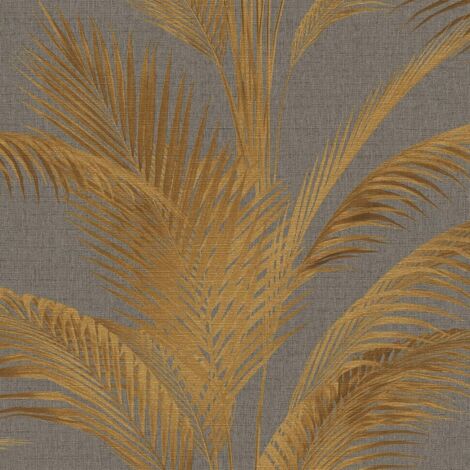 Papier peint feuille palmier doré et fond gris, salon, chambre, salon, 399804 (1/4)