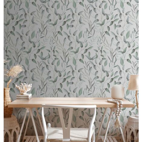 Papier peint fleurs, bleu et vert, ambiance champêtre, salon, cuisine, 397452 (1/4)