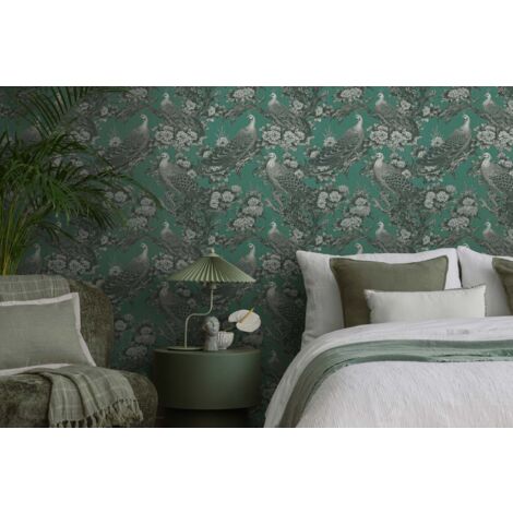 Papier peint oiseaux, paon, vert émeraude, baroque, salon, salle à manger, chambre, 399822 (1/4)