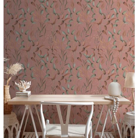 Papier peint fleuri, orange et vert, fond rose, ambiance champêtre, salon, cuisine, 397453 (1/4)