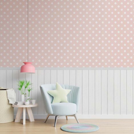 Papier peint pour chambre de fille rose et blanc Papier peint avec des pois en Vlies papier peint pastel rose en effet bois (1/4)