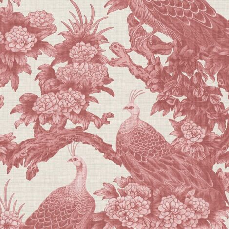 Papier peint oiseaux rouge, paon, fond crème, salon, salle à manger, tête de lit, 399824 (1/4)