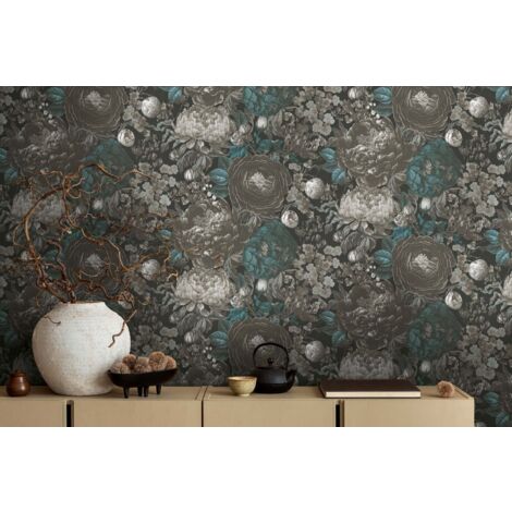 Papier peint fleurs gris et bleu sur fond noir, salon, salle à mange, chambre, 399792 (1/4)