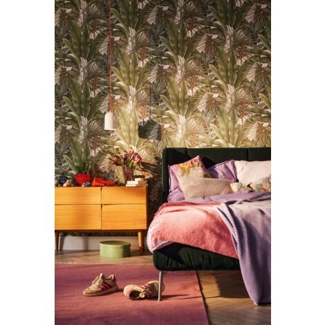 Papier peint nature sur fond crème Tapisserie feuillage plantes vertes Papier peint style tropical jungle idéal chambre & salon (1/6)