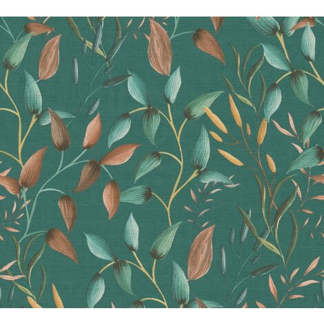 Papier peint fleuri, orange et vert, fond vert, ambiance champêtre, salon, cuisine, 397454 (1/4)