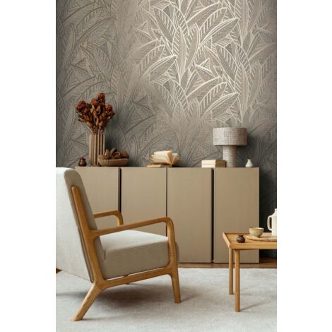 Papier peint feuille abstraite 53cm x 10,05m – Lessivable, strippable – Motif art déco, couleurs beige et doré – 399332