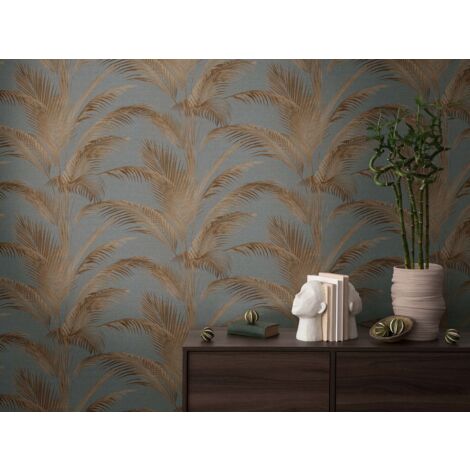 Papier peint feuille palmier orange et fond gris-bleu, salon, chambre, salon, 399803 (1/4)